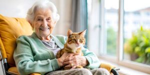 Older adult arranging family photos and a lamp in a warmly furnished assisted living apartment.