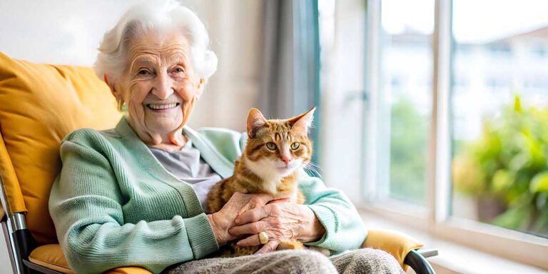 Older adult arranging family photos and a lamp in a warmly furnished assisted living apartment.